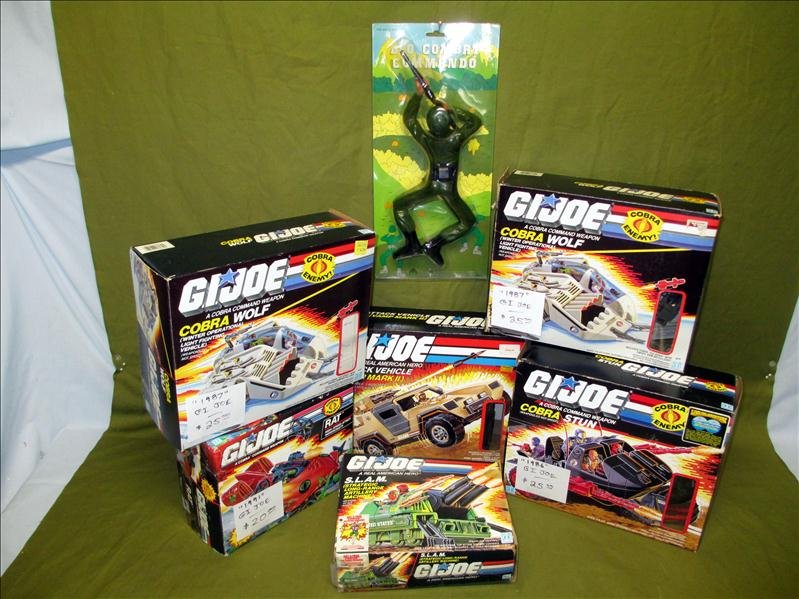 GI Joe Lot: GI Joe Lot, Inc. 2 Cobra Wolf Winter Operational Light Fighting Vehicle, Cobra Stun Command Weapon, Attack Vehicle Mark II, GI Joe 1991 Rat High Speed Attack Hovercraft (All Mint in Box), S.L.A.M. Str