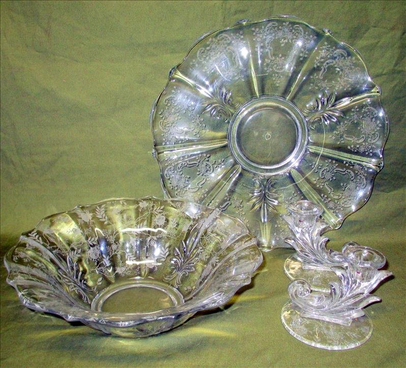 Elegant Depression Glass: Elegant Depression Glass, Inc. 14" Scalloped Edge Platter w/Matching Fruit Bowl (11.5"Dia) and Pair Cornucopia-Style Candle Holders.