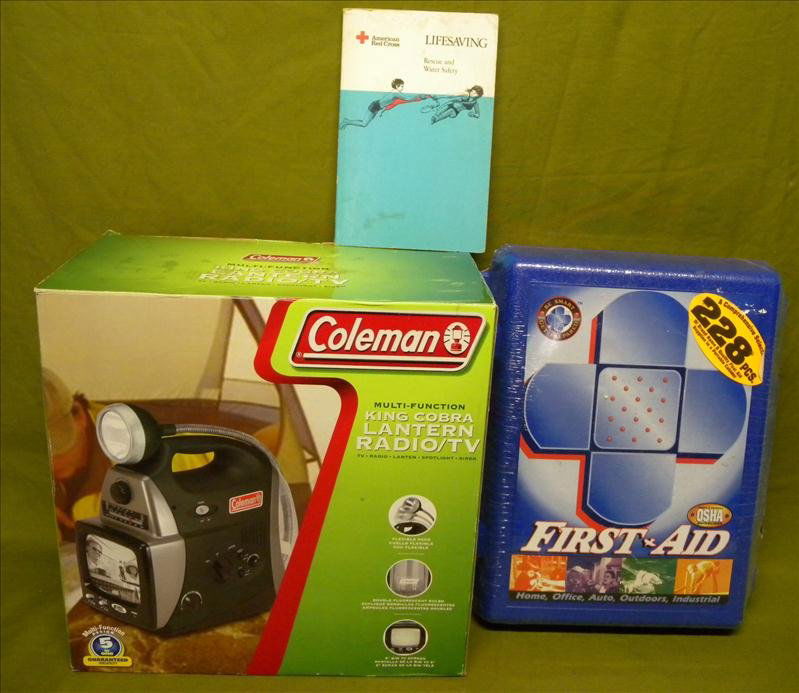 Coleman King Cobra Lantern Multi-Function Unit: Coleman King Cobra Lantern, Radio, TV & First Aid Kit Multi-Function Unit, Appearing New in Box, Together w/Mint in Box Packaged 228-Piece First Aid Kit. For Homes, Offices, Outdoors & Industrial Use.
