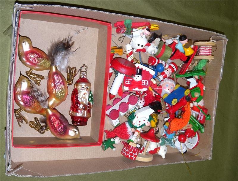Wood & Blown Glass Christmas Ornaments: Wood & Blown Glass Christmas Ornaments, Inc. Variety of Snowmen, Santas, Mice, Toys and 4 Blown Glass Birds and Santa.