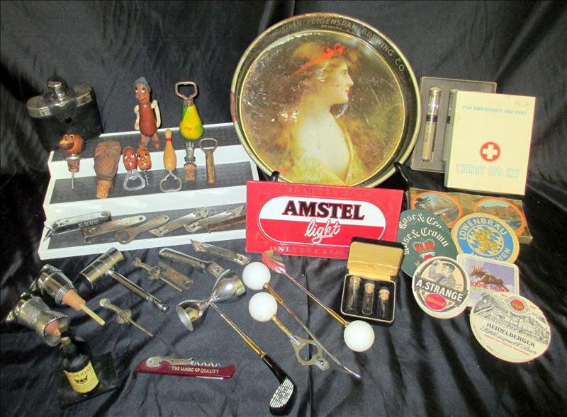 Decorative Bar Lot: Decorative Bar Lot, Inc. Christian Feigenspan Brewing Company Newark NJ (w/Some Finish Damage), Variety of Corkscrews, Bottle Openers, Jiggers, Pourers, Bar Accessories, Coasters, Advertising, Flask,