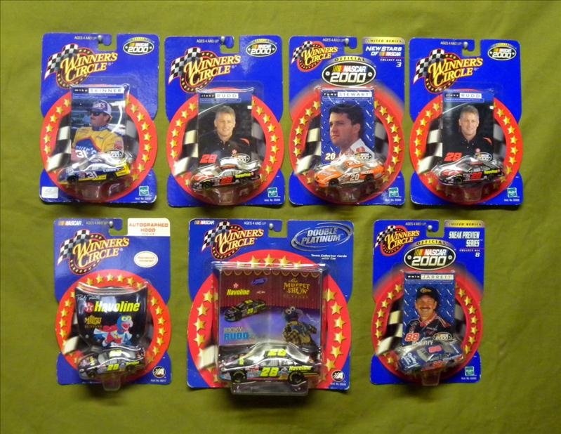 Mint in Package NASCAR Racers: Mint in Package NASCAR Racers, 5 NASCAR 2000 w/Car & Trading Cards by Hasbro and 2 Double Platinum Winner's Circles, Autographed Hood.