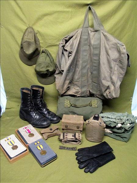 Military Gear and Medals: Military Gear and Medals, Inc. Army Belt w/Early First Aid Kit, Canteen, Good Conduct Medals, Hats, Blanket, Tent and Duffle Bags.