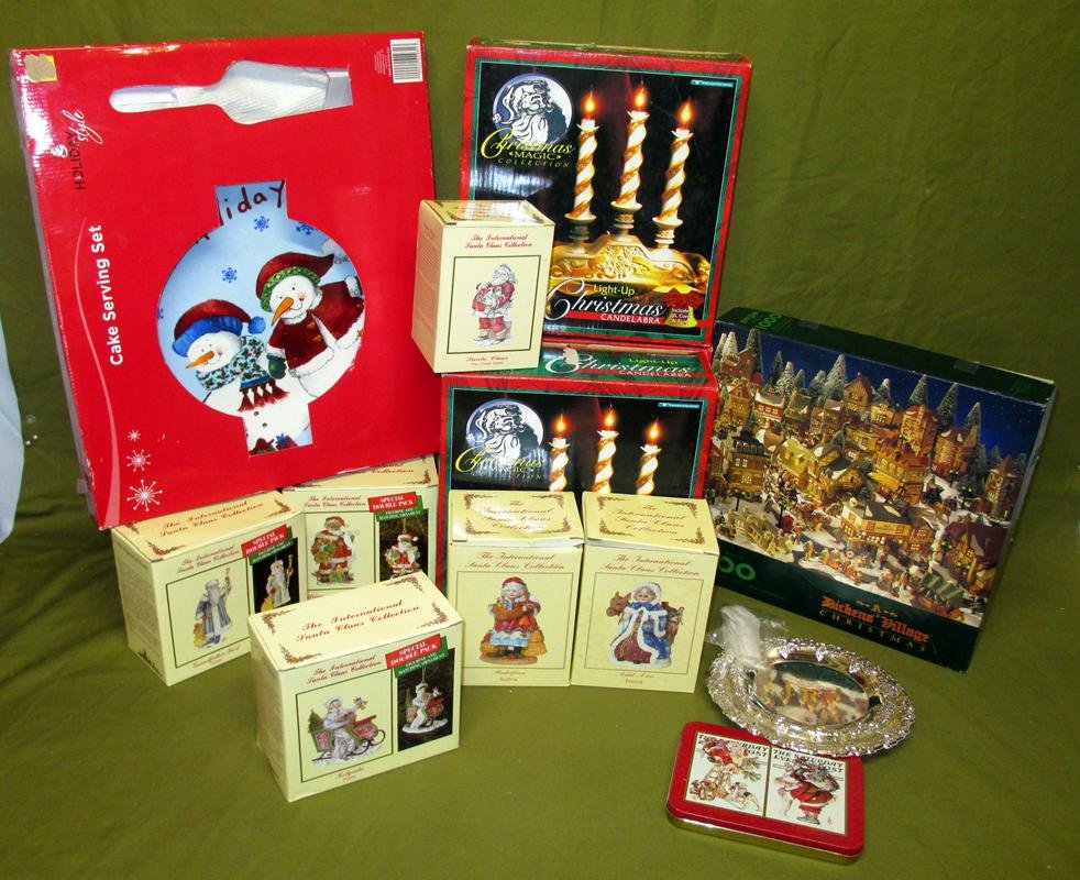 Collectible Santas Plus Lot: Collectible Santas, Lights and More, Inc. Candelabras, 6 International Santa Claus Collection, Playing Cards, Puzzle, Etc.