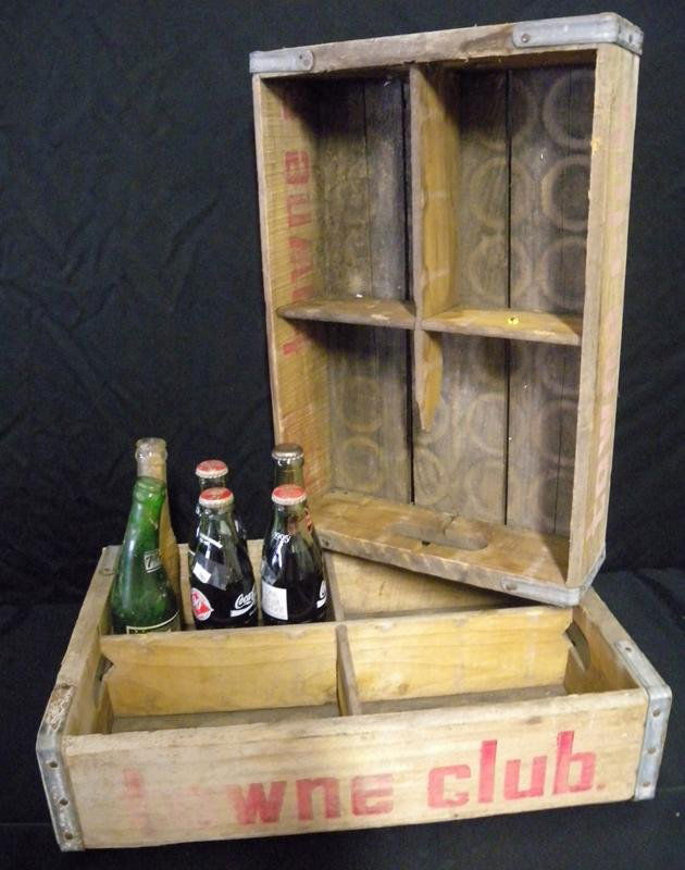 Soda Bottles and 2 Towne Club Wooden Flats: Soda Bottles and 2 Towne Club Wooden Flats, Filled Bottles Inc. Coke's 90th Anniversary and July 1995 Olympic One Year to Go, Dr. Pepper, 7-Up (w/Crooked Neck) and Nesbitt's (Melted).