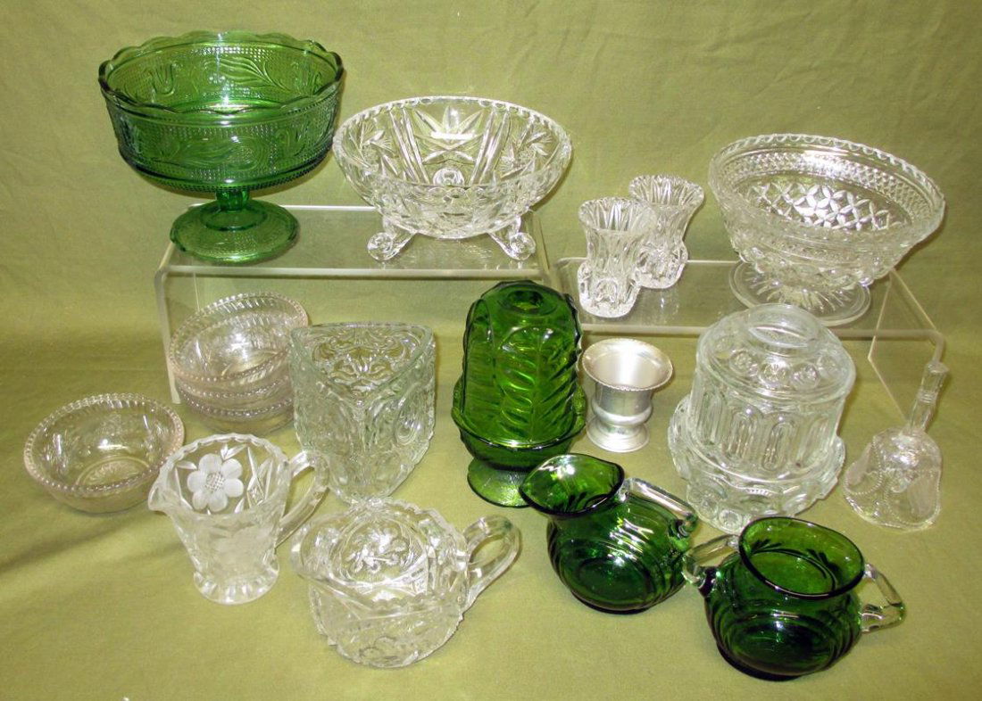 Green & Clear Glass Lot: Green & Clear Glass Lot, Inc. Green Pitcher-Style Creamer and Double Handled Sugar, Clear Glass Creamers, Bell, Toothpick Holders, Pedestals (Clear & Green).