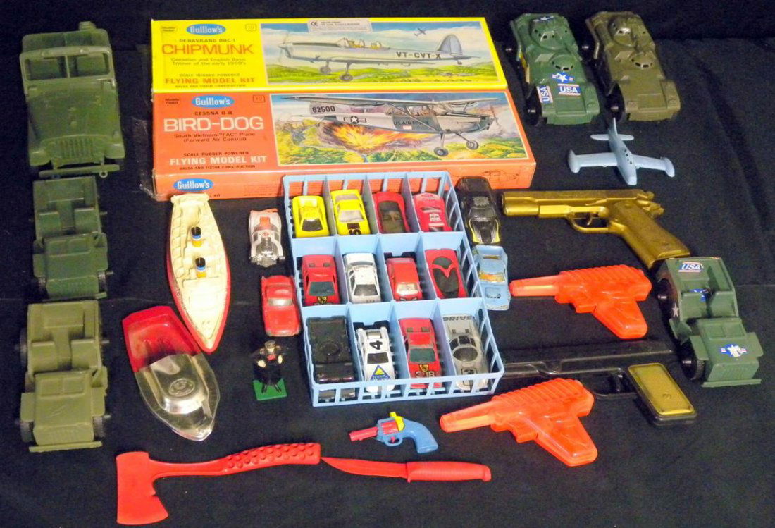 Vintage Boys Toys: Vintage Boys Toys, Inc. Military Trucks, Jeeps, Matchbox-Type Cars in Tray, Boats, Gillow's Flying Model Kits (Mint in Box).