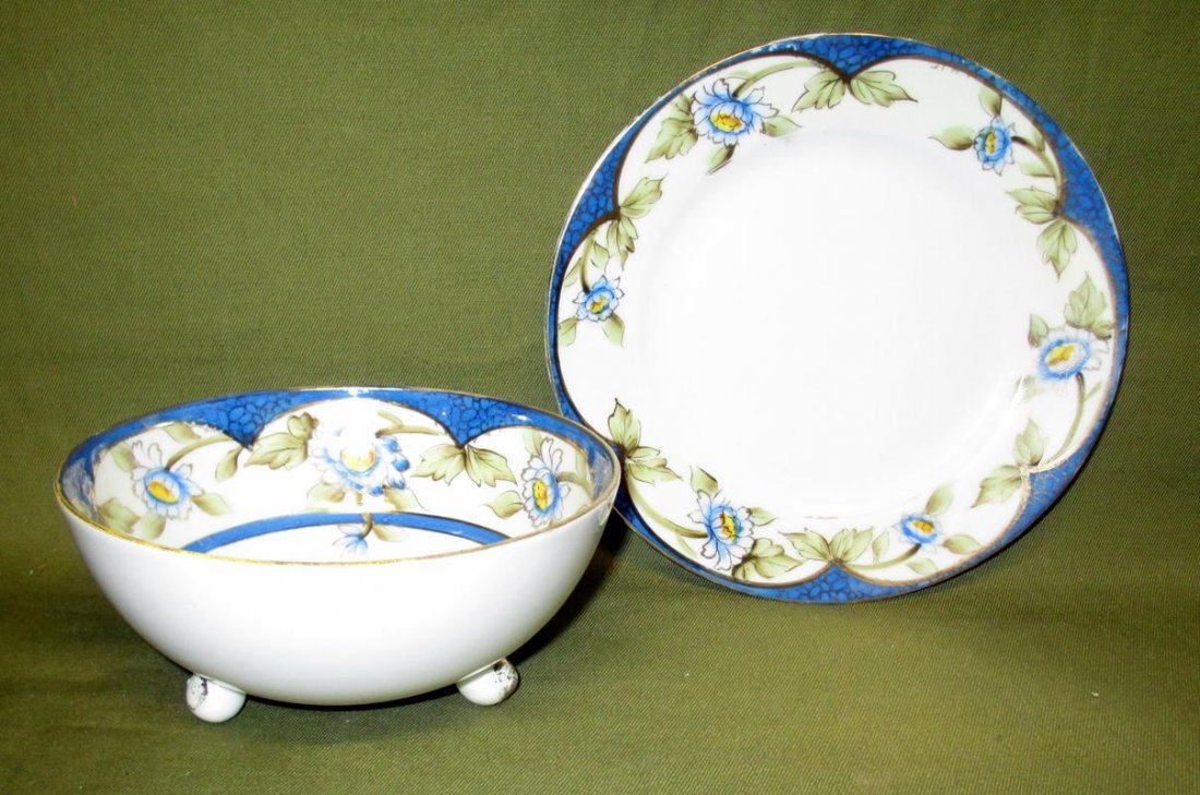 Noritake Bowl & Plate: Noritake Bowl & Plate Lot Inc. Blue Decorated Footed Bowl w/6.5"Dia Underplate.
