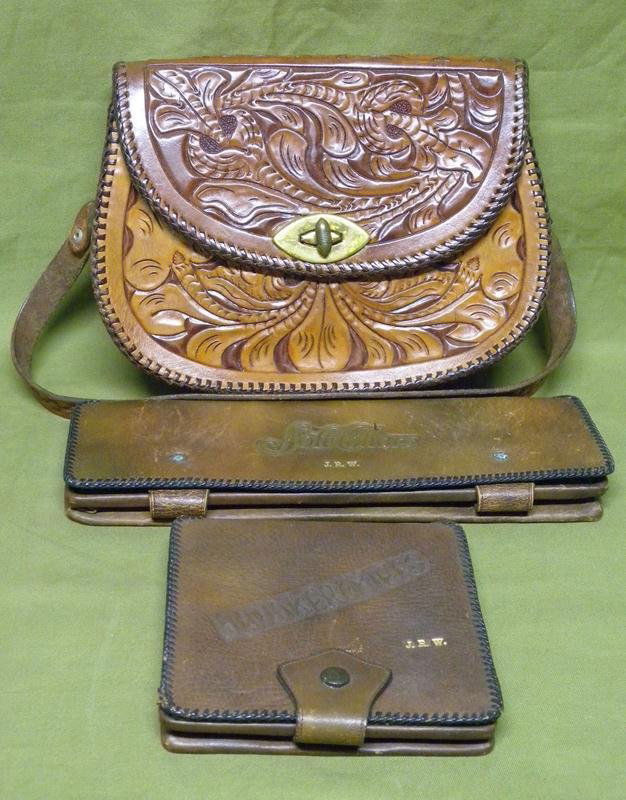 Leather Lot: Including Vintage Soft Collar Container, Handkerchief Container and Hand Tooled Woman's Purse.