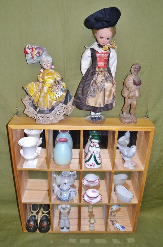 Display, Dolls & Miniatures: Including a 12-Sectioned and Mirrored Wall Box, 16.5" x 15.5"; Dolls; Wooden Carving; Miniatures: Dryden Vase, Spode Cup & Saucer, Moriage Style Teapot.