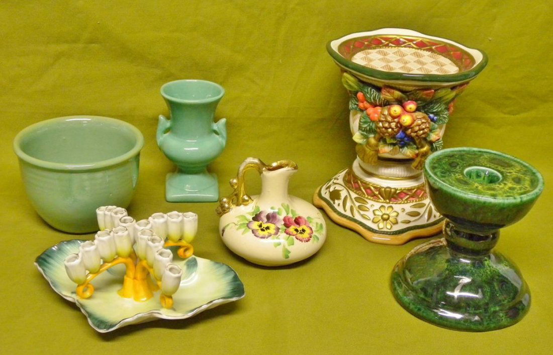 Decorative Ceramics: Including Candlesticks Marked Fitz & Floyd and James Hickman, Bud Vase, Green Bowl, Handpainted Pansy Condiment and Japanese Painted Dish.