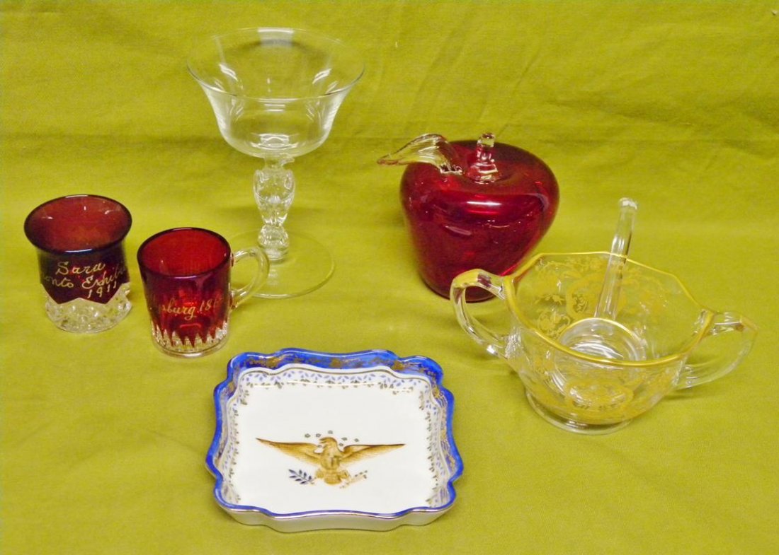 Red Glass Plus Lot: Americana Lot Including 5.5" T Wine Glass w/Eagle Stem, 7.25" T Blown Glass Paperweight Apple, Souvenir Toothpick Holder (Toronto Exhibition 1911) and Shot Glass (Gettysburg 1863), Clear Gold-Decorate