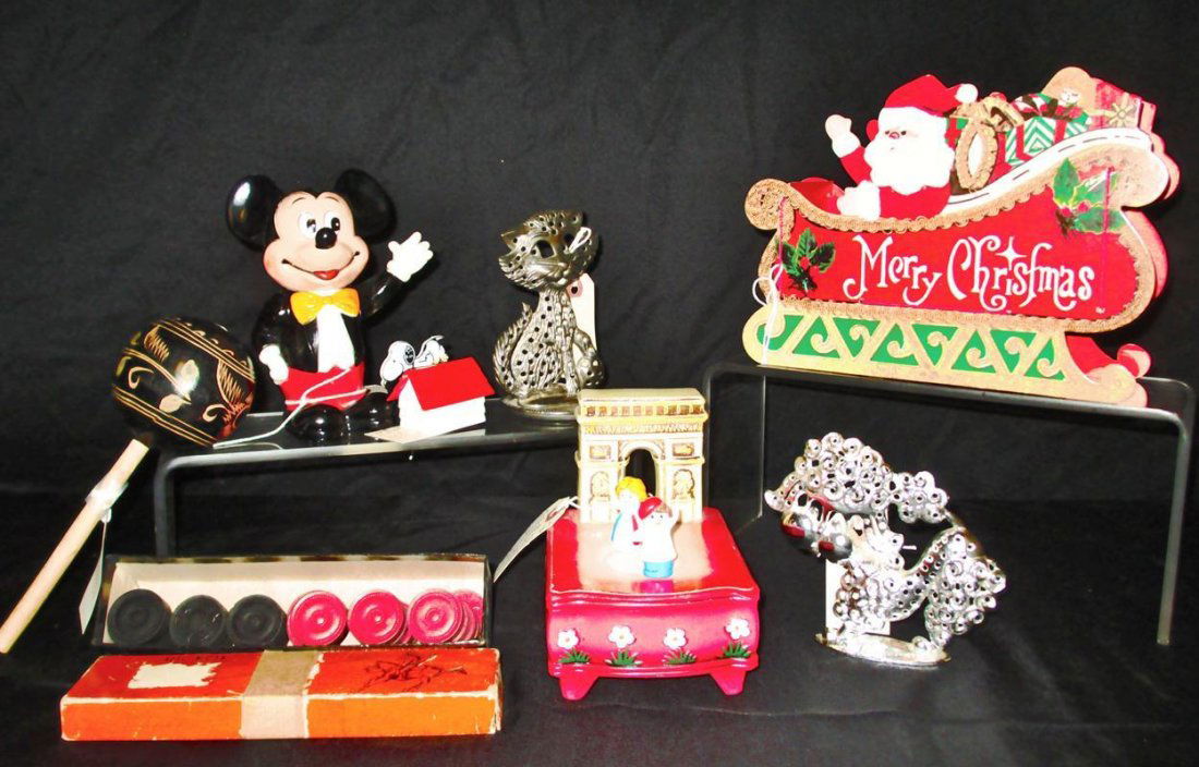 Mickey Plus Lot: Including Disney 1950s Bank, Gorham Music Box, 1958 Snoopy Pencil Sharpener, Checkers, Poodle & Cat Earring Holders, Maraca, Vintage Folding Cardboard Santa & Sleigh.