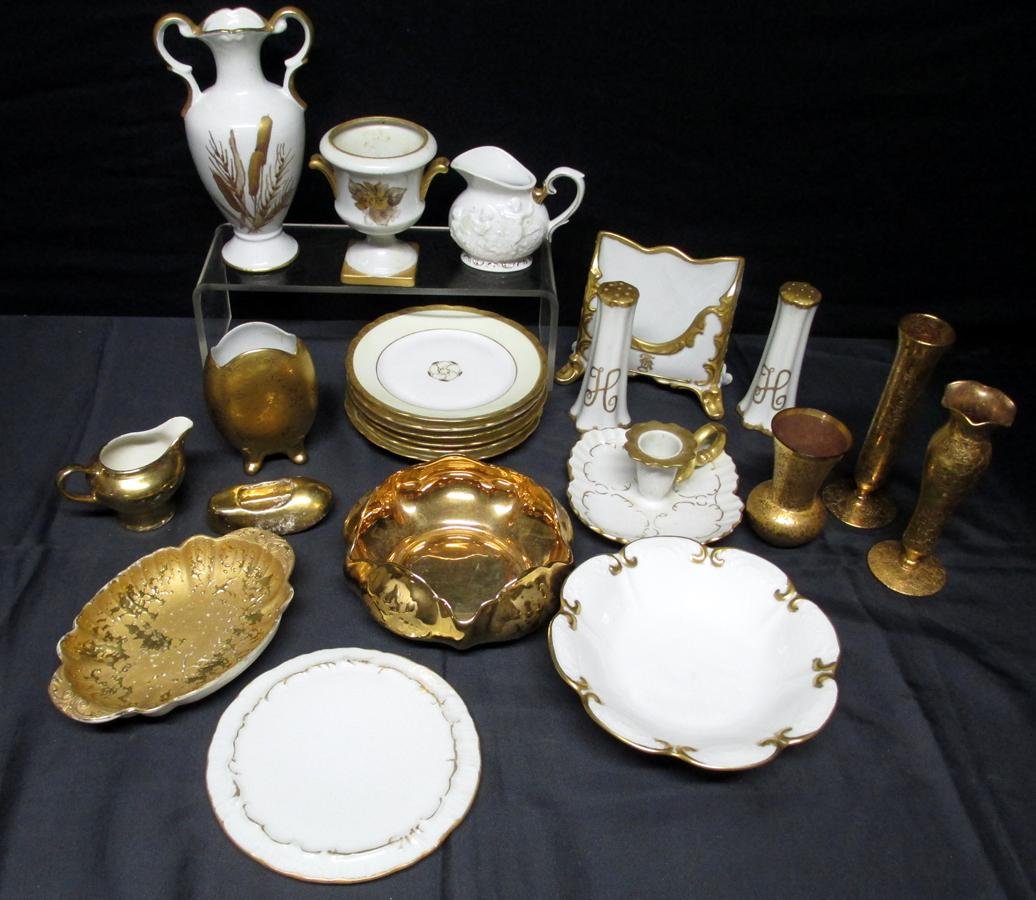 Decorated Porcelain & Glass: Gold Decorated Porcelain & Glass, Inc. Bowls, Creamers, Pedestals, Vases (Tallest w/Cattails, 8"T), Wine Coaster, Letter Holder, Tall Salt & Pepper and Six Dessert Plates, Many Hand painted, Inc. Mark