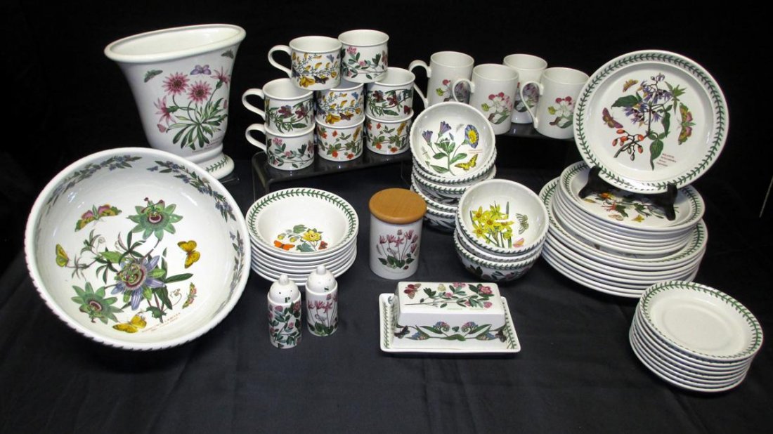 Port Meirion China Set: Botanic Garden by Port Meirion Made in England, Inc. 8 Dinner Plates, 8 Salad Plates, 8 Cereal Bowls, 8 Fruit/Dessert Bowls, 8 Cups & Saucers, 4 Pomona Mugs, Covered Butter, 11"Dia Salad Bowl, 4.25 "T