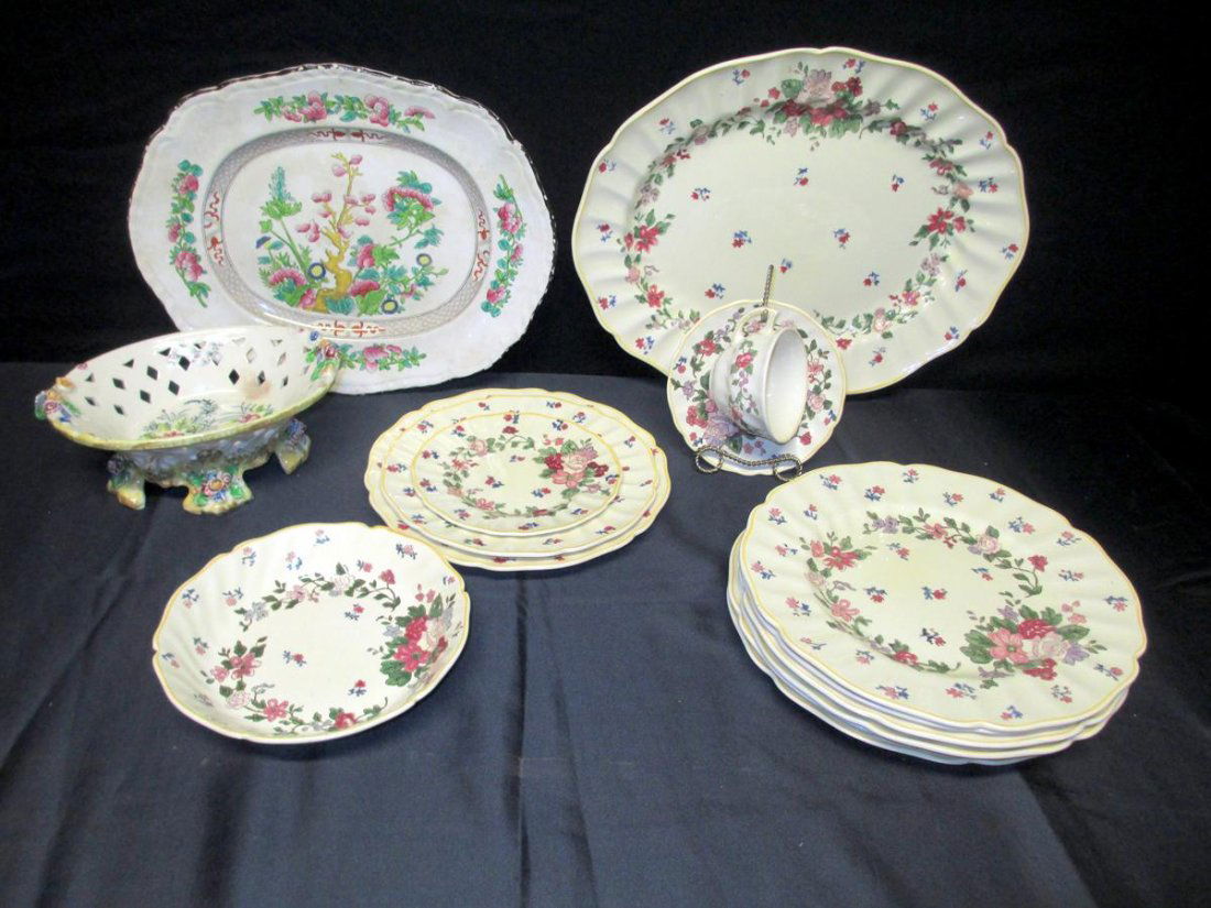 Vintage Royal Doulton: Vintage Royal Doulton Plus Lot, Inc. 6 Dinner Plates, 15.5" Platter, Salad Plate, Luncheon Plate, Bread & Butter, Bowl and Cup & Saucer, Together w/Boots Royal 14" Platter and Japanese Pieced Pedestal