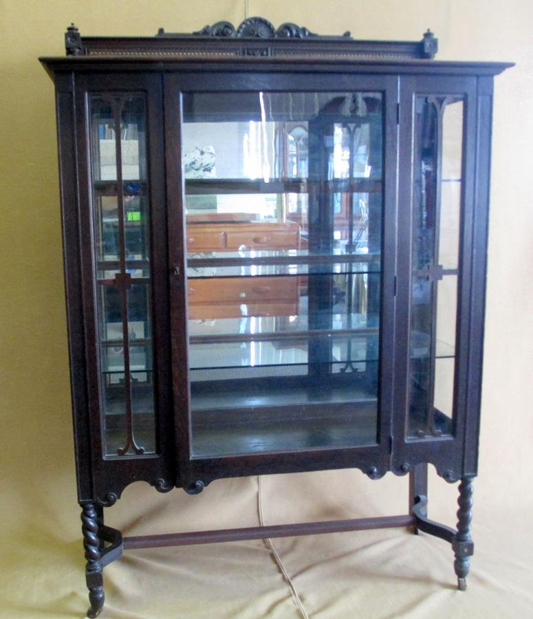 China Cabinet: Early 20th Century China Cabinet w/3 Glass Shelves, Caned Backsplash, Turned Front Legs, 45 x 16 x 62.5"T.