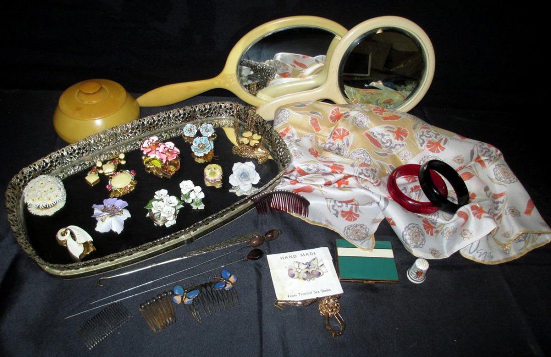 Complete Ladies Dresser Lot: Lot Inc. Mirrored Dresser Tray (8" x 14"), Gloved Clasp, 10 Pins, 3 Pair Earrings, Necklace w/Pendant, 2 Hand Mirrors, Powder Box, 2 Bracelets, Hair Combs, Hair Pins and Enameled Compact by Elgin.