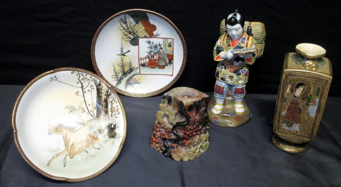 Oriental Ceramics & Soapstone: Oriental Ceramics & Soapstone, Inc. Dishes (7" & 7.25"Dia), Vase (7.25"T), Figurine (8"T) and Soapstone (4.25"T), All w/Enamel-Type Decorations.