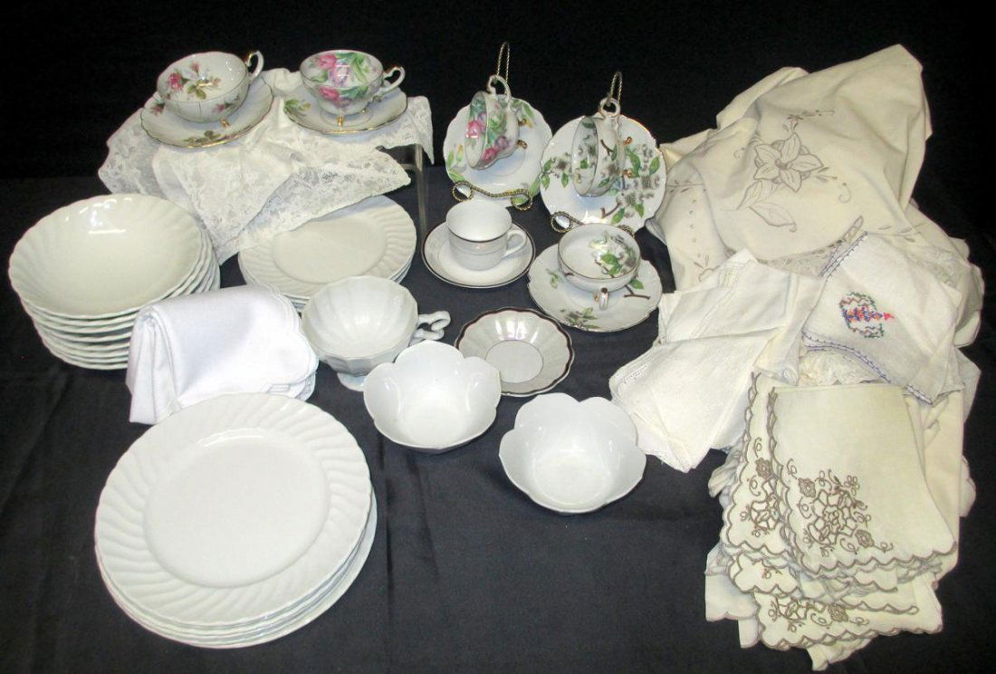 China & Linen Lot: English Royal Wessex (w/Swirl Design), Japanese Cups & Saucers (w/Floral Design), Together w/Linens that Include 33 Napkins, Table Runner (12 x 40), Dresser Scarf (28 x 30) and New Boolchand's Real Ha