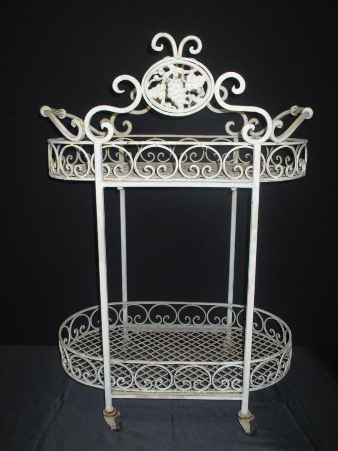 Wrought Iron Tea Cart: Wrought Iron Tea Cart on Casters, Gallery Upper & Lower Stationary Trays, 24"W x 15"D x 34"T.