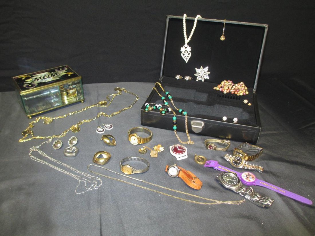 Jewelry & Watches Plus: 9 Watches (Various Makers), 3-Piece Necklace & Earrings Set, a Pin, 7 Pair Earrings (1 Opal Set, Needs Repair), 5 Necklaces, 3 Pendants, Boy Scouts Bobcat Pin, Glass Music Box (6 x 3 x 3.5") and a Lea