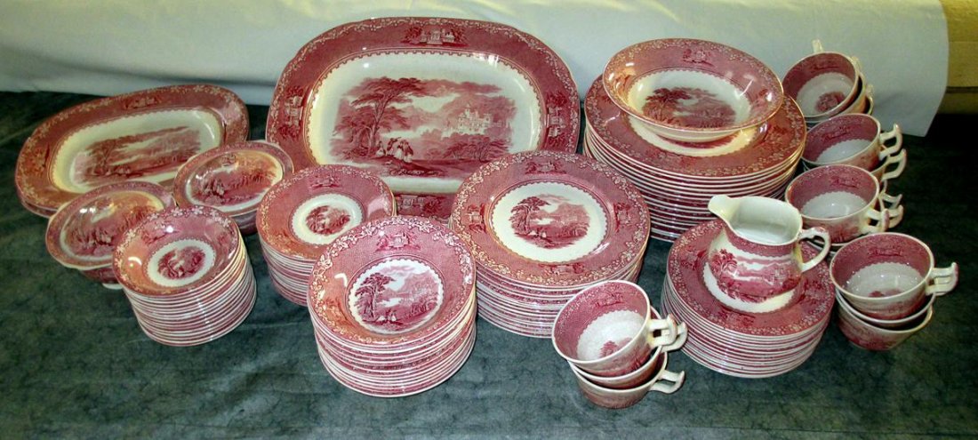 Royal Staffordshire China: Jenny Lind Pattern, Set Inc. 16 Dinner Plates, 16 Salad Plates, 14 Fruit Bowls, 16 Saucers & Cups, 15 Dessert Plates, Creamer & 2 Covered Sugars, 2 Platters (11.5 x 9.5" Each) and Platter (15.5 x 12.2