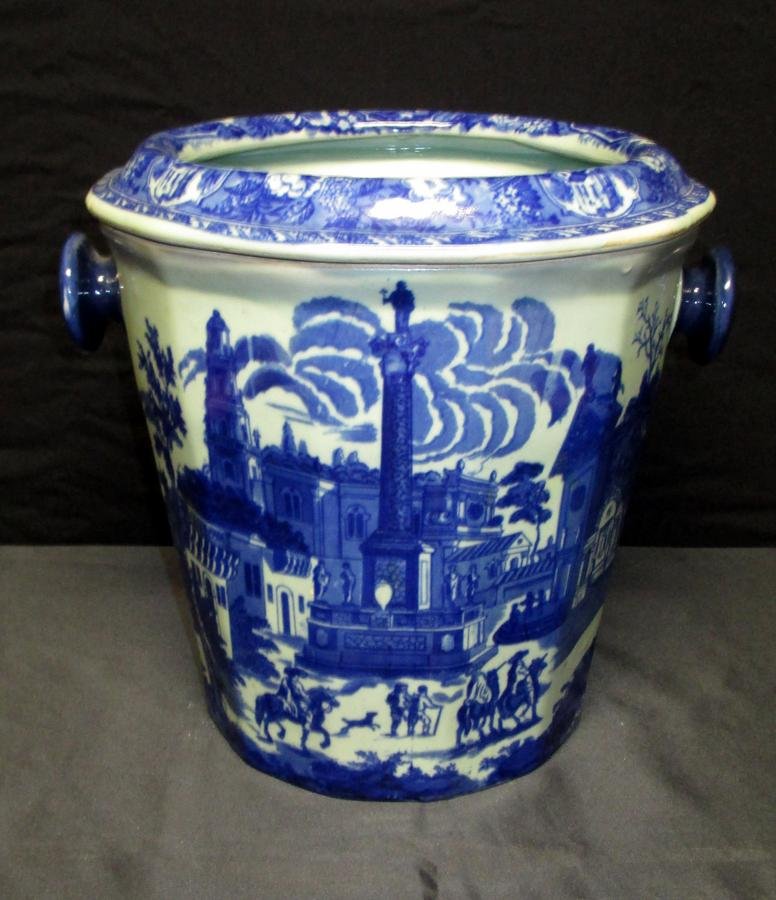 Blue Transferware Chamber Pot: 2-Piece Chamber Pot, Bottom w/Knob Handles (10"T) and Bowl Shaped Insert (11" Diameter). Marked on Bottom Victoriaware Ironstone.