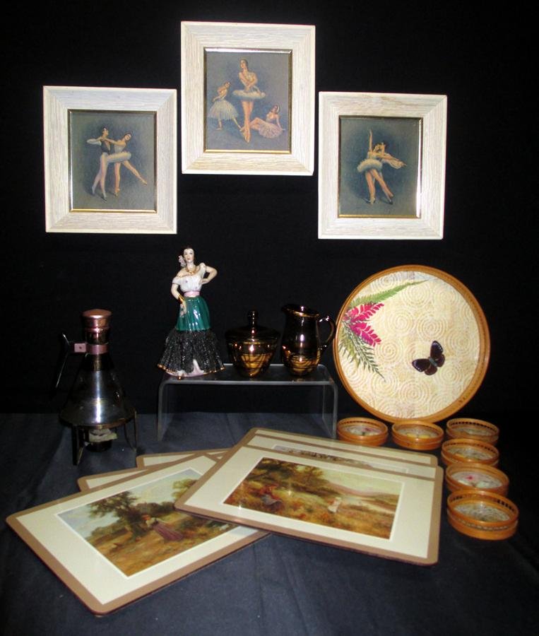 Retro Decorative Lot: Butterfly Tray w/Coasters, 6 Placemats (12" x 9"), 3 Ballet Pictures, Spanish Figure (8.5"T).