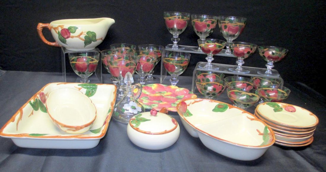 Apple Dishes & Glassware: Franciscan Batter Bowls, Relish Divided Dish, Large Rectangular Casserole, 7 Saucers, Covered Handled Pot, 19 Glasses and Handpainted Cruet.