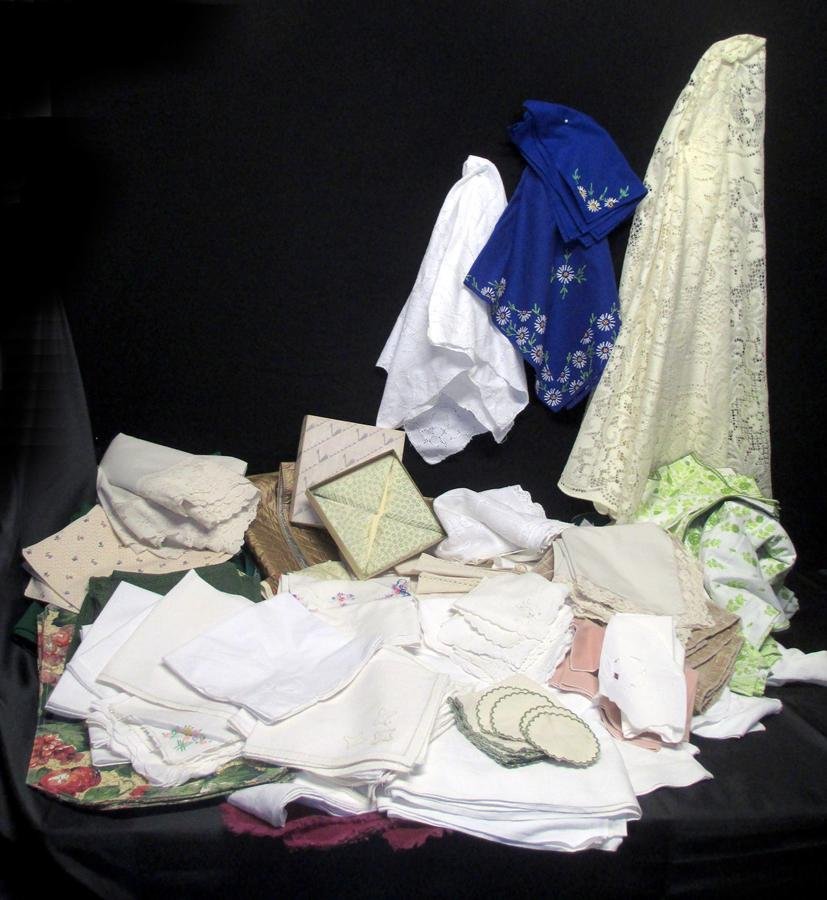 Large Linen Assortment: 17 Tablecloths (72" Diameter), 6 Tablecloths for Card Tables, Numerous Napkins, Table Runners and Dresser Scarves.