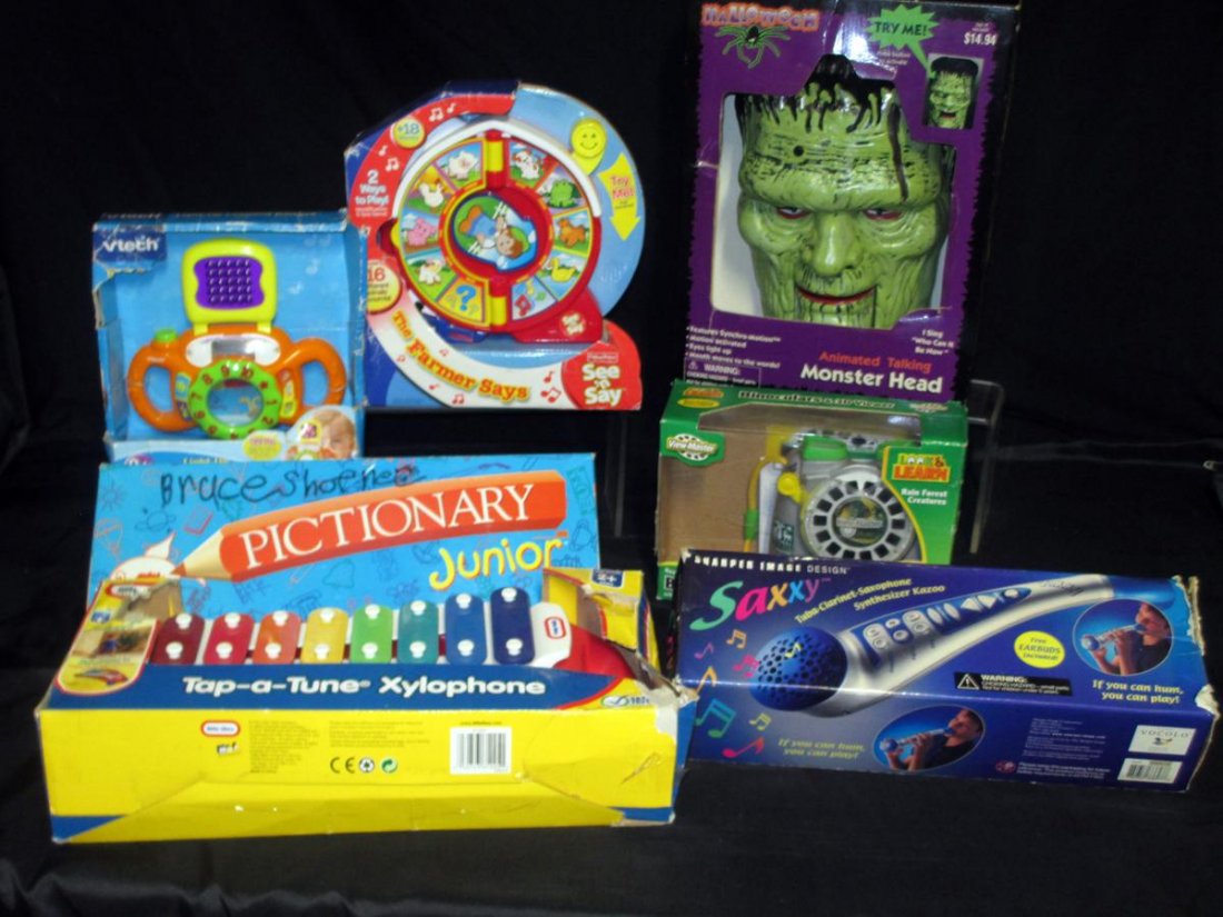 Toys Lot: Boxed Used Toys, Inc. Little Tykes Xylophone, Monster Head Animated/Talking Halloween Toy, See & Say Fisher Price, Vtech Light Up Learning Center, Saxxy Tuba-Clarinet-Saxophone Synthesizer Kazoo, Look