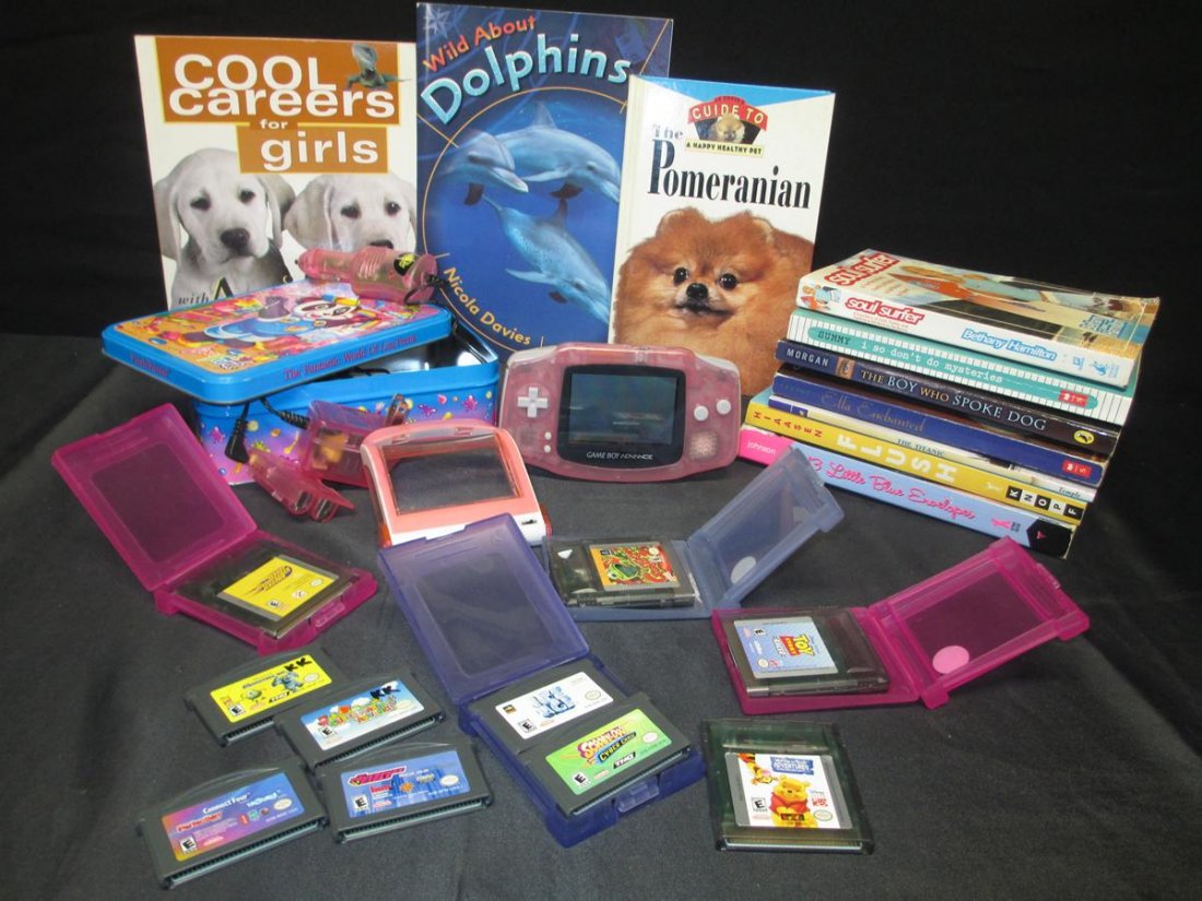 Nintendo Gameboy Plus Lot: Pink Nintendo Gameboy Advance Travel Pack and 10 Games (w/Light and Power Cord) Plus 10 Books Including "Soul Surfer," "Cool Careers For Girls," and More.
