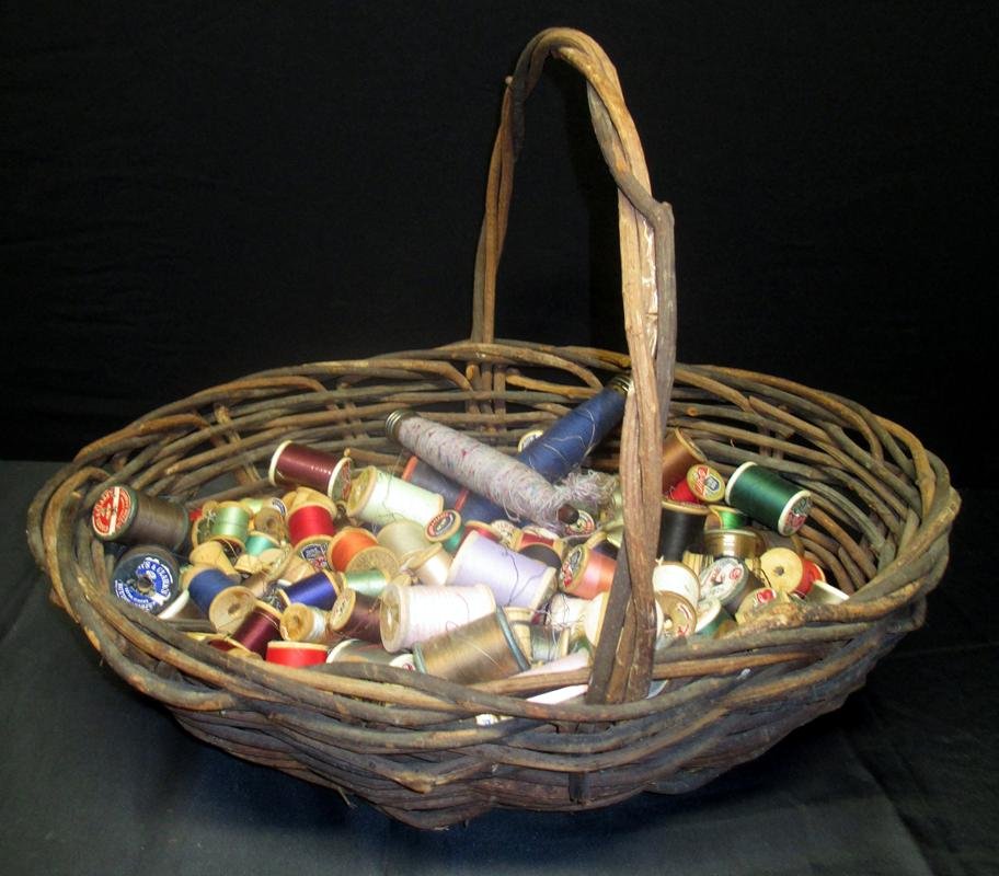 Vintage Basket w/Sewing Spools: Basket (22" x 19") w/Lots of Thread (Many on Wooden Spools), 2 Wooden Bobbins and Small Amount of Buttons.