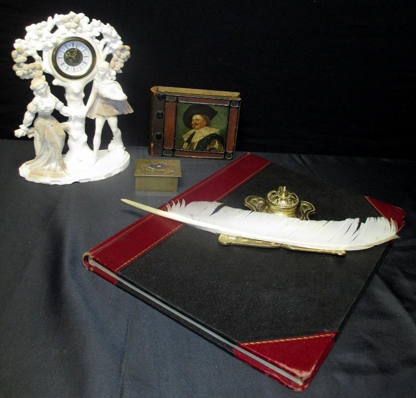 Vintage Desk Lot: Includes Brass Inkwell, Brass Stamp Box, Playing Card Box, Figural Clock (10"T) and Ledger Book.
