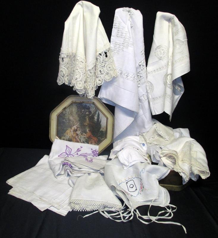 Vintage Linens: 10 Embroidered Tablecloths, 4 Embroidered Napkins and Undercloth (23"-24" to 44-46") and Vintage Romantic Tin.