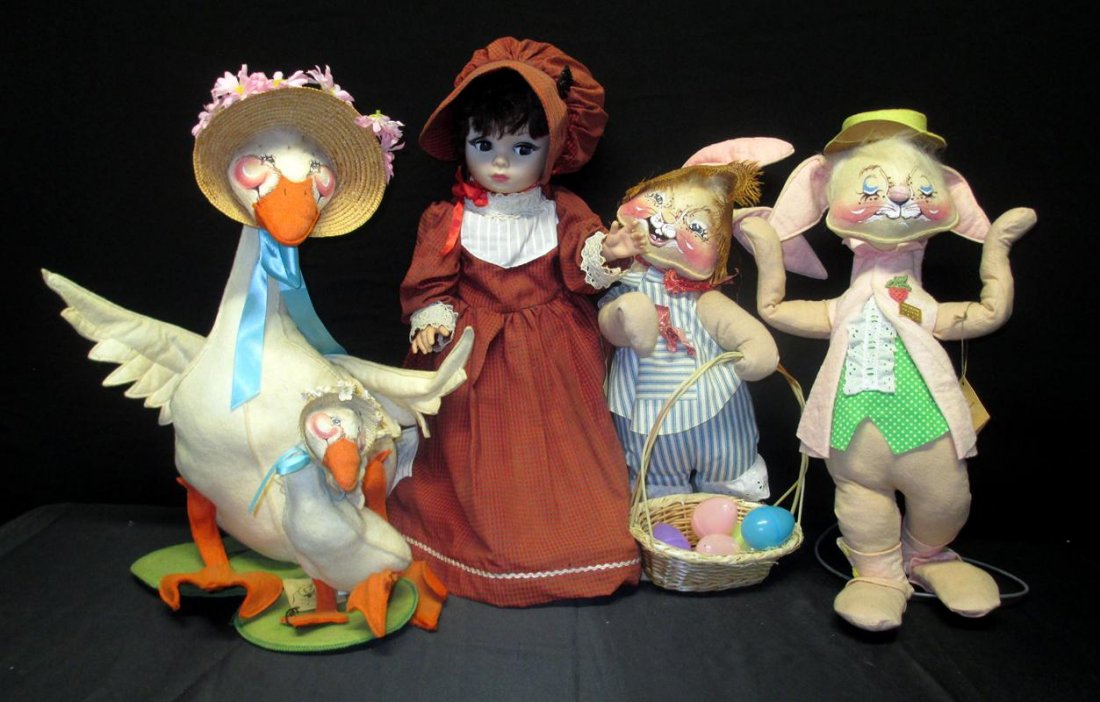 Annalee Dolls: Dolls Include Appropriately Dressed Colonial Annalee Doll (Marked 1966 AE10) and 4 Holiday Display Figures (2 Geese, 2 Rabbits), 9-24"T.