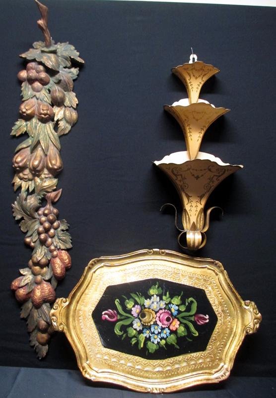 Decorative Wooden & Metal Pieces: Decorative Fruit & Leaf Carvings (39"L), Gold & Painted Wooden Tray (23" x 15") and Metal Decorative Graduated Wall Hanging (24"L).