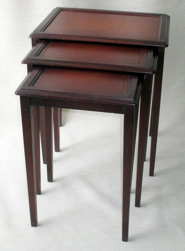 Vintage Nesting Tables: 3 Mahogany Tables (13" x 11" x 19.5", 15.5" x 12.5" x 20.25" and 18" x 14" x 21"T), Decoration in Top, Marked Ferguson Hoboken New Jersey.