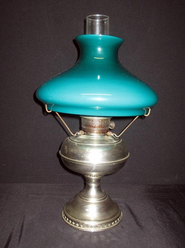 Rayo Oil Lamp: Lamp w/Green Glass Shade and Metal Base, 20"T.