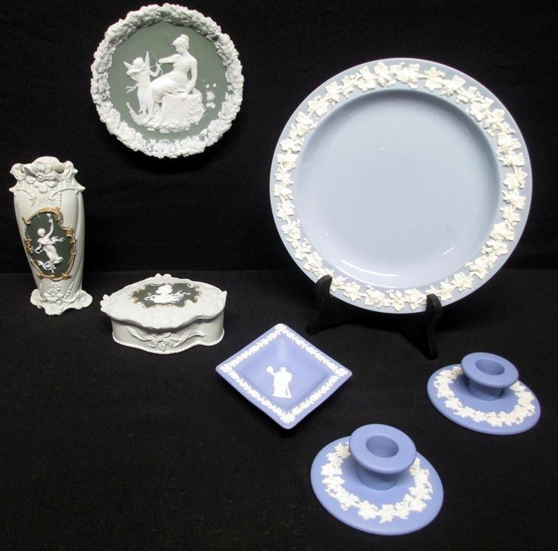 Wedgwood & Jasperware: Wedgwood Includes Diamond Dish and Pair Candle Holders and Jasperware Trinket Box, Vase (6.5"T) and Plate (6"), Together w/English Queensware Plate (9").
