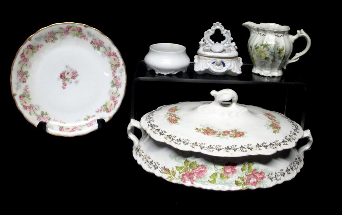Rose Decorated China Plus: Including Homer Laughlin Hudson Covered Casserole (10"), Limoges Plate (7"D) and Trinket Dish, Floral Decorated Creamer (3.25"T) and Dresser Trinket Box (3.5"T).