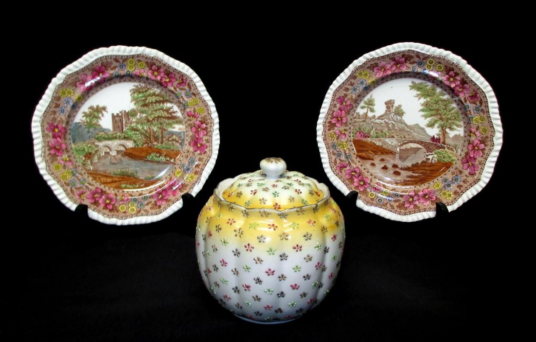 Spode Plates and Enameled Jar: 2 Plates (8.25"D, Marked Delft Copeland England w/Registry Number) and Covered Lobed Jar (5.5"T).