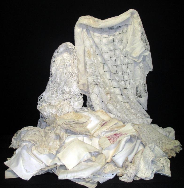 Vintage Linens: Large Lot of Doilies, Napkins, 3 Tablecloths (84" x 72", 160"D, 82" x 64") and Dresser Scarves.
