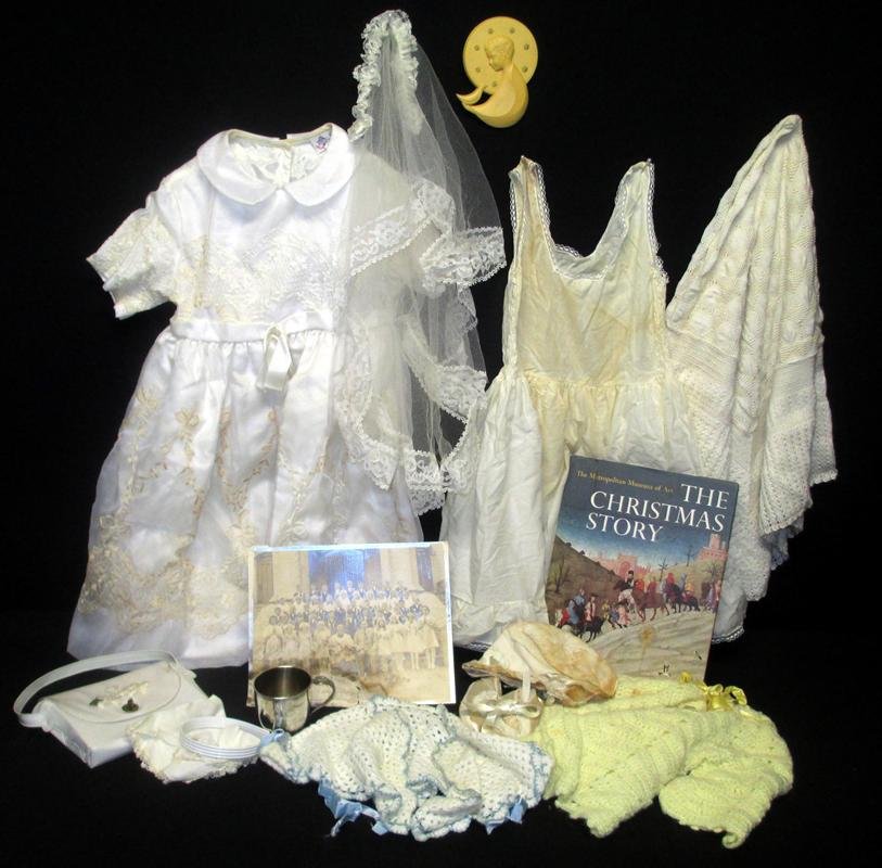 Communion Dress Plus Lot: Vintage Child's Clothing Lot Inc. Crochet Sweater & Bed Jacket, White Dress & Veil (Possible 1st Communion), Purse, Bonnet & Black & White Photo.