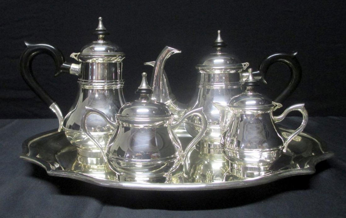 Silver Tea Service: Silverplate Service w/Ebony Handles, Inc. Covered Sugar & Creamer, Tea and Coffee, 16.5" Tray. Made in India.
