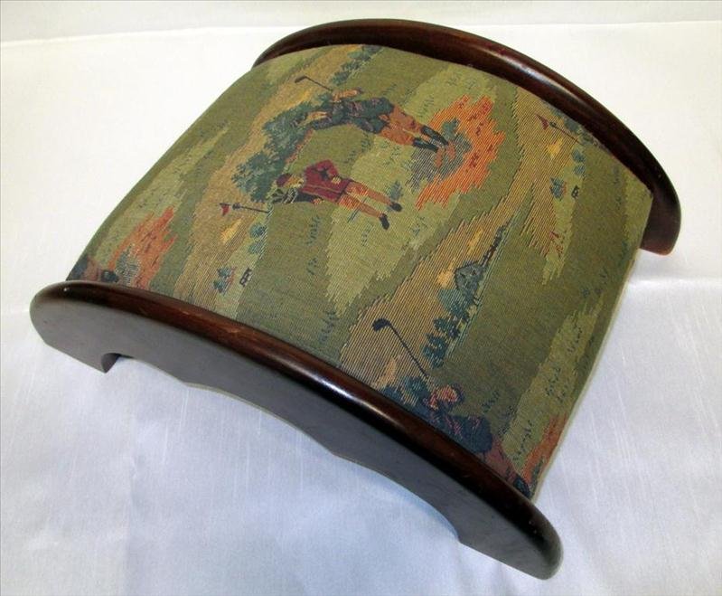Footstool w/Golfing Fabric: Footstool w/Golfing Fabric, Arched Footstool w/Wooden Corresponding Frame, 12.5" x 16.5" x 6.25" T.