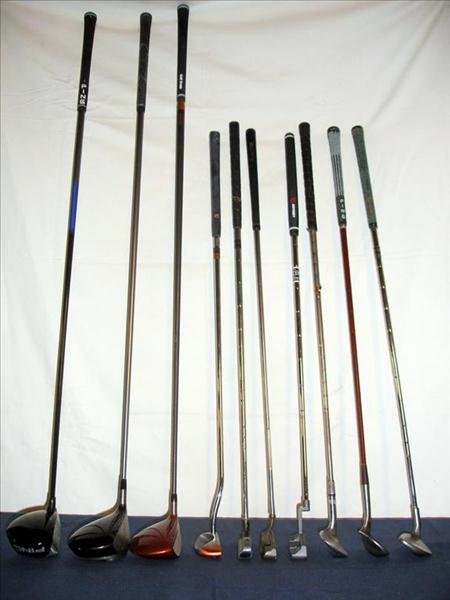 Set of 10 Golf Clubs: Set of 10 Golf Clubs, Including Titleist Titanium 983 Driver w/Fitted Cover, Taylor Made S-90 Plus Bubble Driver w/Fitted Cover, Ping Titanium Si3 Driver w/Fitted Cover, Ping R-90 Sand Iron, Wilson SW