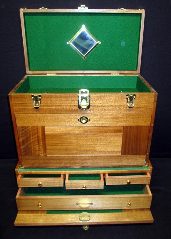 H. Gerstner & Sons Classic Chest & Base: H. Gerstner & Sons Walnut Tool Box, 2-Box Design, Wooden w/Brass Hardware, Multi Drawer, Felt Lined; Inside Says 09370 H. Gerstner & Sons Dayton, OH W B42B B 295. Larger Top Unit 20" W x 10.25" D x 13