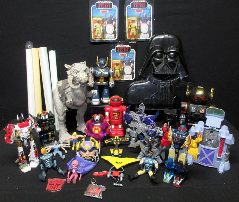 Star Wars Plus Lot: Star Wars Plus Lot, Including 3 Mint in Package 1984 Kenner Return of the Jedi Klaatu, Large Tauntaun, Darth Vader Box for Miniatures, Posters, Robots and Transformers.